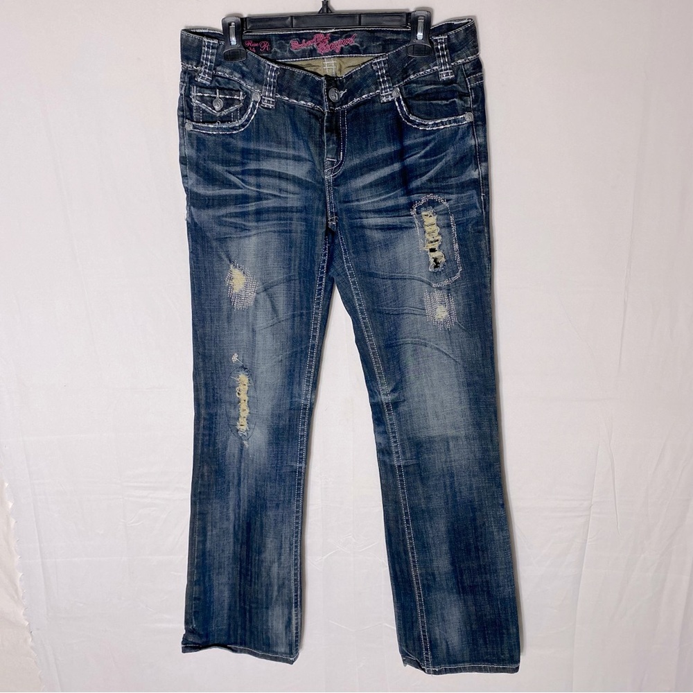 Vintage Y2K Rock & Roll Cowgirl Dark Wash Low Rise Distressed Bootcut Jeans 31